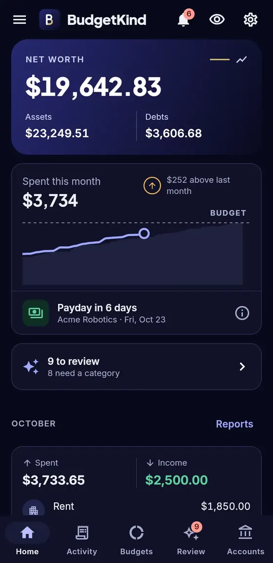 BudgetKind Home screen: net worth, spending this month against budget, next payday and items to review.