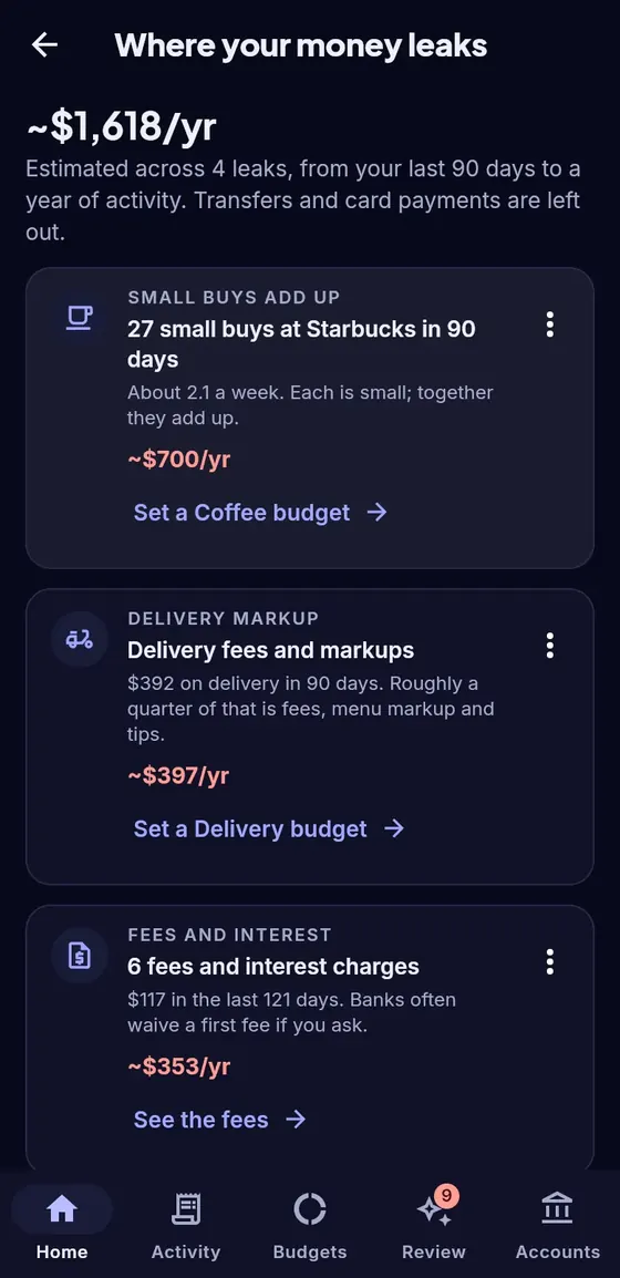 Where your money leaks screen estimating about $1,618 a year across small buys, delivery fees and bank fees.