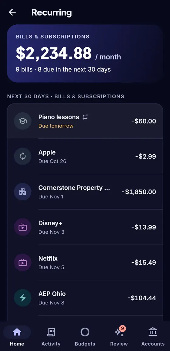 Recurring screen showing $2,234.88 a month in bills and subscriptions and the next ones due.