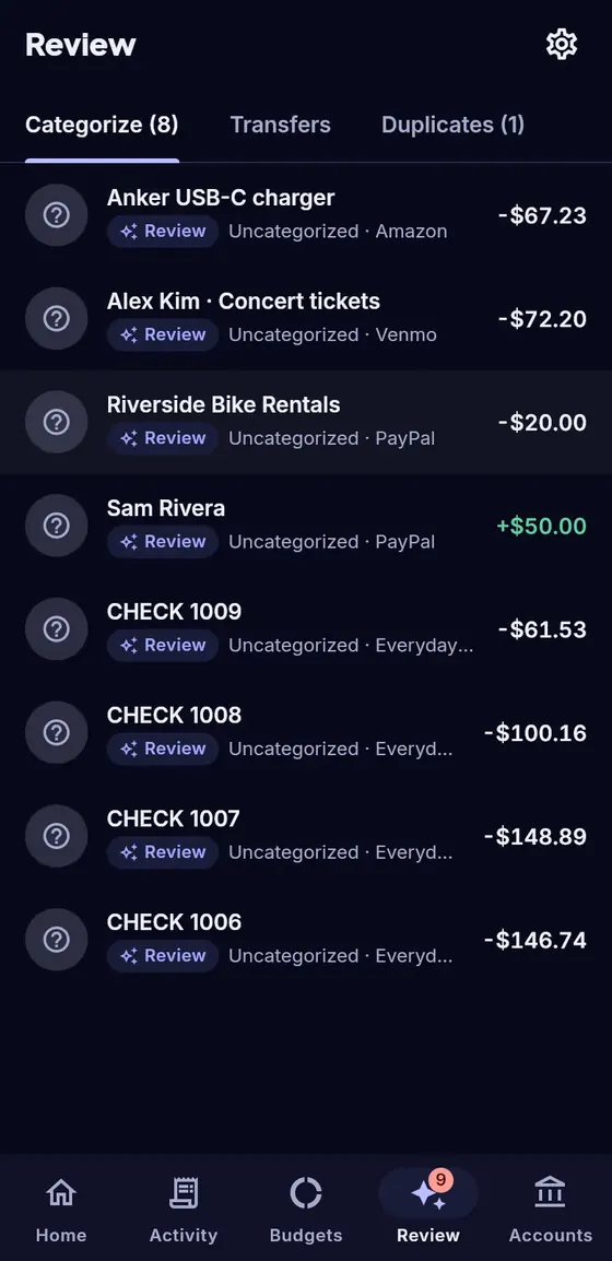 Review screen listing uncategorized transactions from Amazon, Venmo and PayPal with suggested categories.